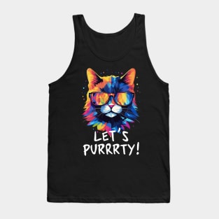 Party Cat in Sunglasses Men Women 90s Retro Pun Funny Cat Tank Top